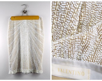 Vintage VALENTINO Pearl Beaded Silk Skirt // Designer Couture Cream Ivory and White Embellished Lace Sequined Dress Skirt XS