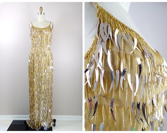 Lisdodde Pailletten Franje Kralen Gouden Jurk / Kwastje Kralen Zijde Volledige lengte avondjurk / Old Hollywood Glamour Jurk Met Pailletten Kleine S