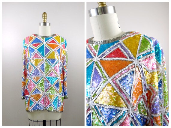 RARE Sparkling Beaded Top / Pastel Rainbow Color … - image 4