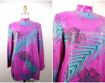 70s Exotic Palms Clear Sequined Top // 1970's Tropical Floral Magenta Sequin Top w/ Open Swoop Back