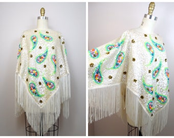 RARE Iridescent Sequined Beaded Fringe Poncho / Ivory Sequin Couture Cape Top / HEAVY Jewel Embellished Bridal Cover