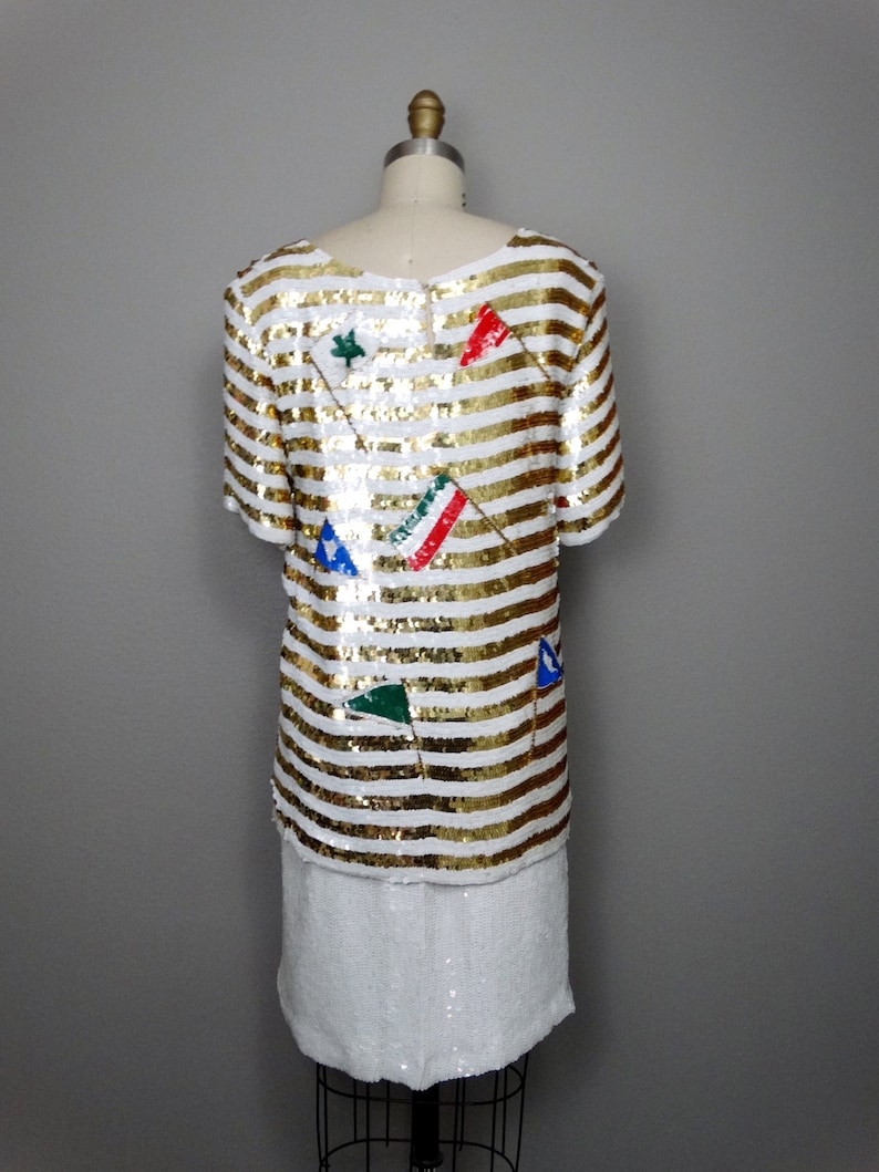 Retro Flashy Sequined Top Skirt by Lillie Rubin White and Gold Striped Sequin Embellished Glam Ensemble International Flags Dress