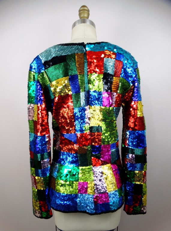 Retro Rainbow Sequin Top / Colorful Colorblock Be… - image 6