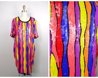 Vestido de talla grande con lentejuelas neón y cuentas (pieza rara) / Vestido vintage con adornos fluorescentes / Vestido de lentejuelas de colores brillantes