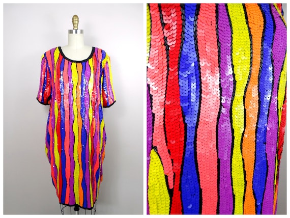 RARE Plus Size Neon Sequined Beaded Dress // Vint… - image 1