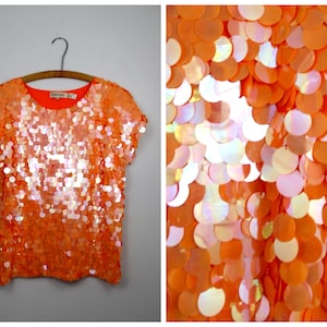 Orange Paillette Sequined Top // Bright Oversized Sequin Shirt