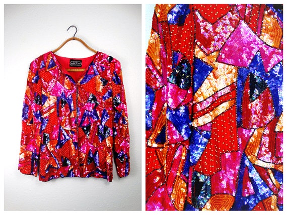 Bright Pink Red Purple Orange Sequin Jacket // Vi… - image 1