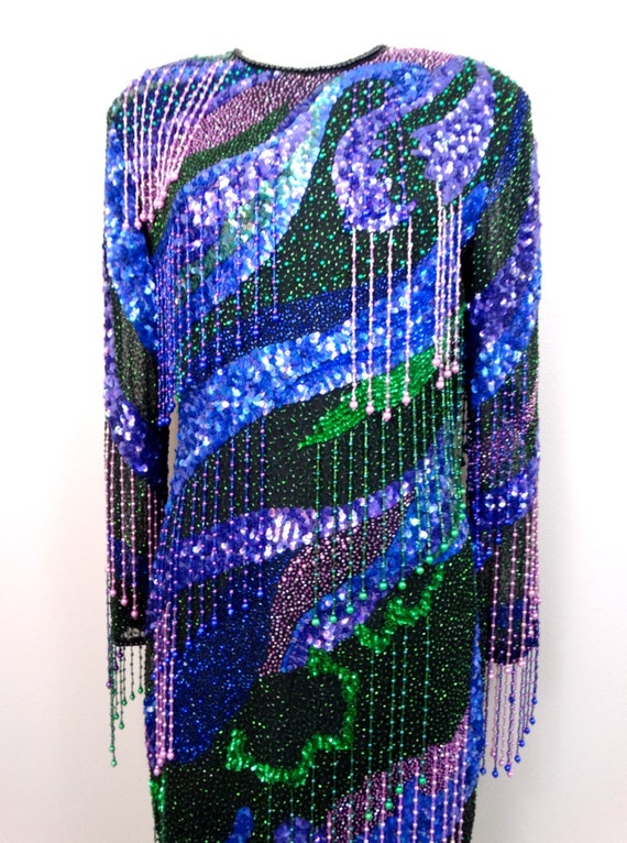 RARE All Beaded Fringe Dress // Vintage Purple Bl… - image 4