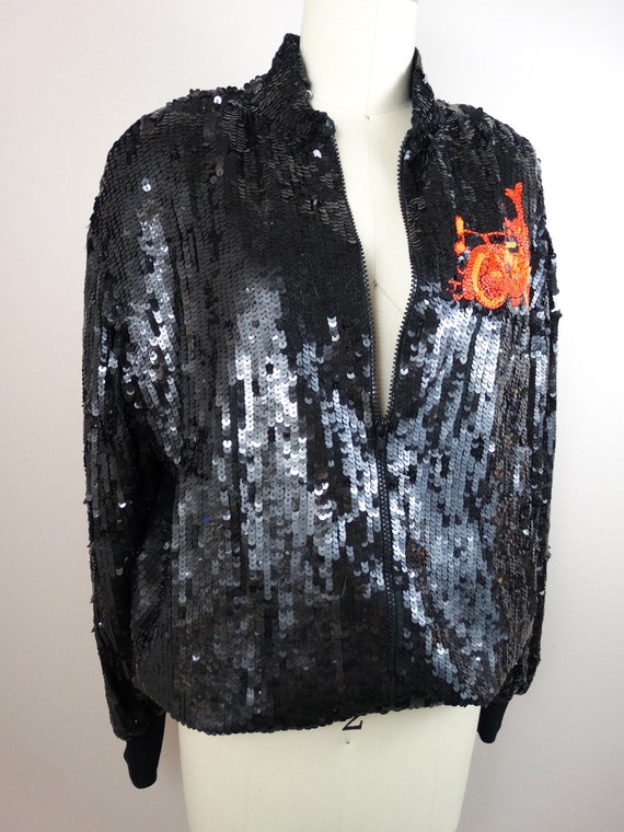 MOTO Sequin Moto Jacket // 80's Black and Neon Or… - image 2