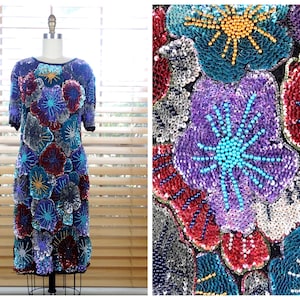 XS/S Bright Sequined Dress // GLAM Colorful Sequin Embellished Dress // Floral Beaded Dress