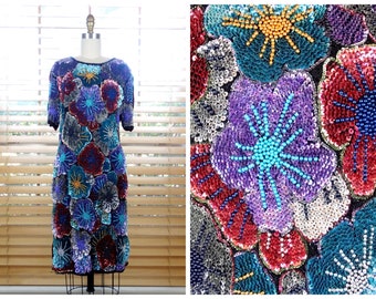 XS/S Bright Sequined Dress // GLAM Colorful Sequin Embellished Dress // Floral Beaded Dress