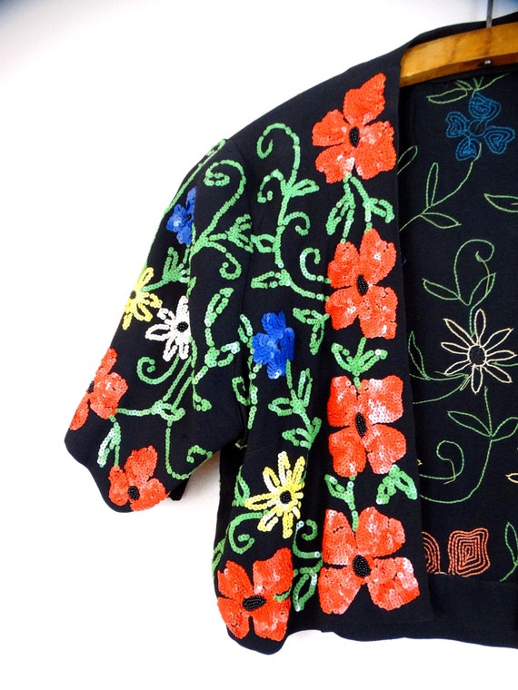 Vintage Hand-Beaded Sequin Bolero, 1930s-40s Flor… - image 3