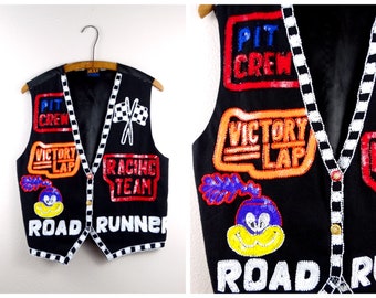 Vintage Cartoon Novelty Sequin Embellished Vest / Rare Character Sequined Beaded Vest Top / Racing Pit Crew Victory Lap