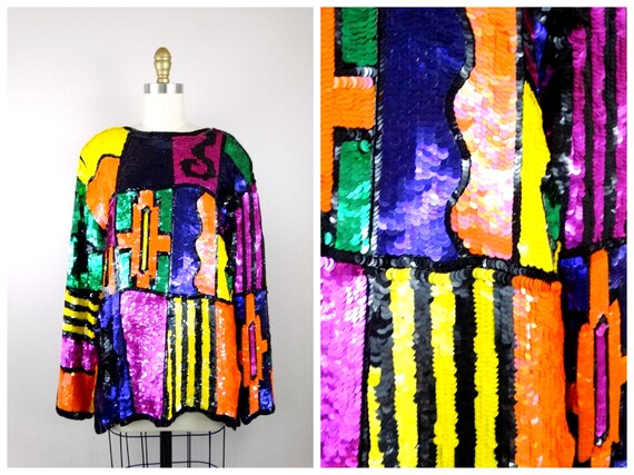 L/XL Vintage Neon Sequined Blouse / Bright Sequin