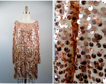 Rose Gold Sequin Mini Dress - Copper Bronze Beaded Party Dress Large XL