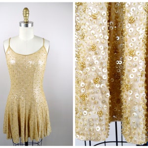 Fit & Flare Sequin Beaded Mini Dress // 90s Glam Embellished Skater Dress // Gold Sequined Party Dress S/M