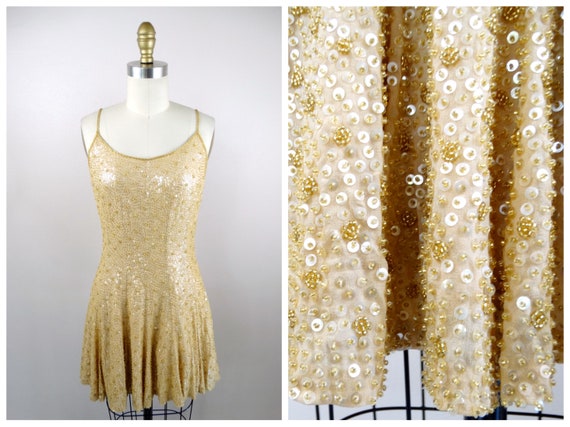 Fit & Flare Sequin Beaded Mini Dress / 90s Glam Embellished Skater Dress / Gold Sequined Party Dress XS/S