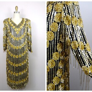 Art Deco Fringe Beaded Dress / Glam Black and Gold Sequin Dress w/ Tassel Beading