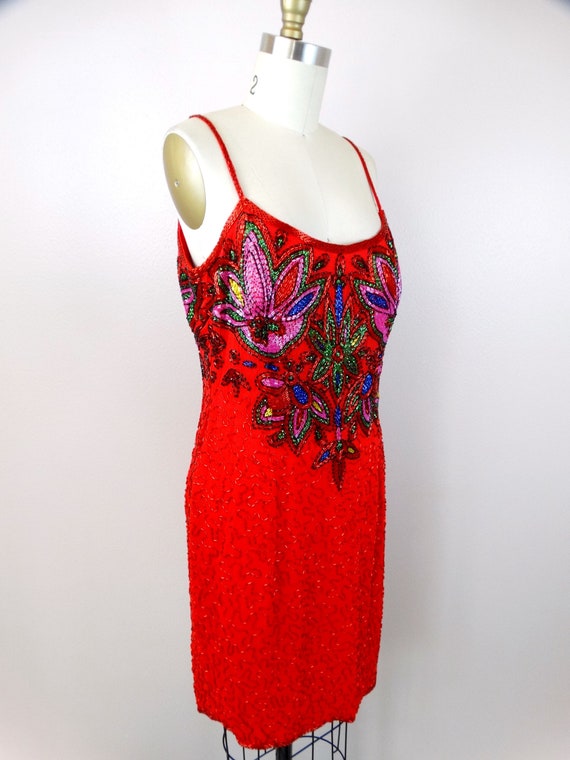 Red Silk Pink Beaded Dress // Bright Sequin Embel… - image 6