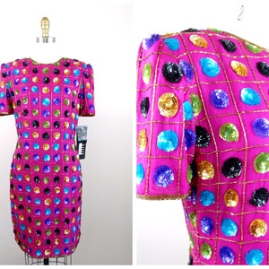 80s Geometric Sequin Beaded Trophy Dress / Pink Polka Dot Party Dress / Deadstock Vintage Cocktail Dress