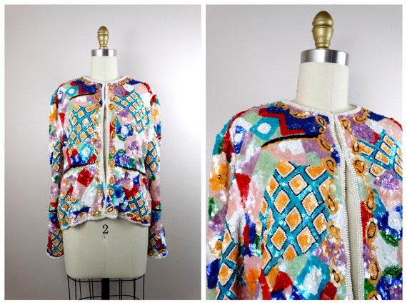 Colorful Couture Sequined Cardigan // Retro Sequi… - image 1