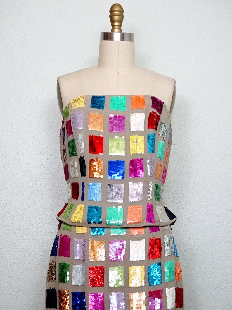 Rainbow Sequin Bustier Top // Color Block Sequined Strapless | Etsy