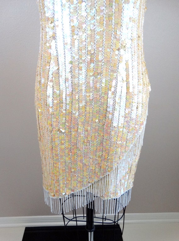 Iridescent Fringe Beaded Sequined Dress • Ivory S… - image 3