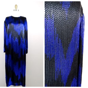 HEAVY Fully Beaded Dress // All Bead Embellished Silk Gown // Heavily Black and Blue Beaded Evening Dress
