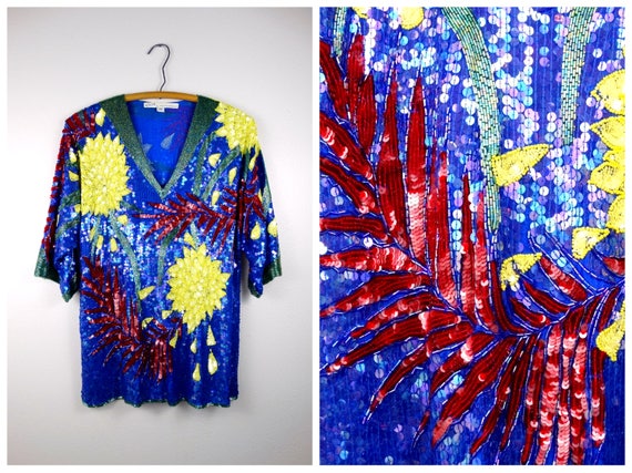 VTG Silk Beaded Sequin Top / Blue Red and Yellow … - image 1