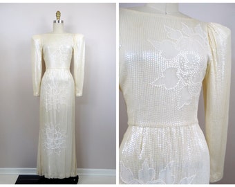 Ivory Sequin Wedding Dress / Vintage Cream Embellished Gown XS Small