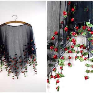 It's Raining Roses Fringe Beaded Sheer Poncho // Boho Romance in Coachella Tiny Red Rosettes Cape