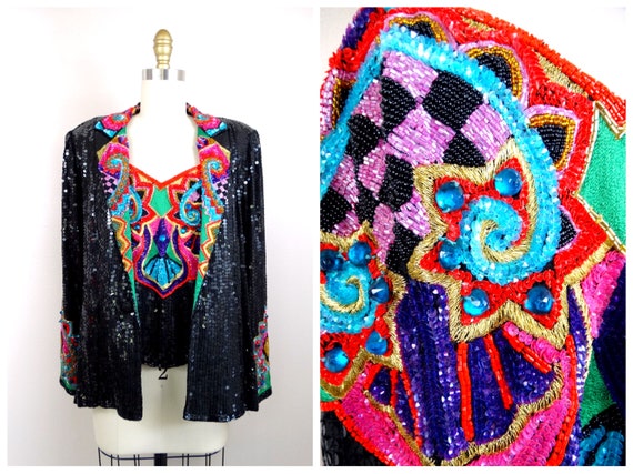 Funky Sequined Jewel Beaded Cocktail Party Jacket… - image 1