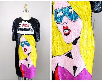 Rare robe à sequins POP ART / robe vintage fantaisie portrait ornée de sequins / robe sans autographes