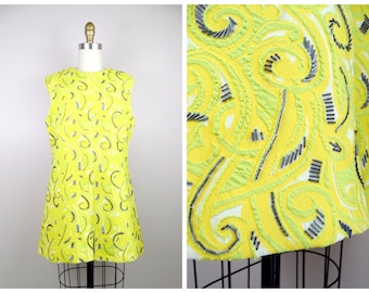 60s Chartreuse Embroidered Mini Dress / Mod Neon Green and Yellow Beaded Babydoll Dress / 1960s Embellished Twiggy Go-Go Dress