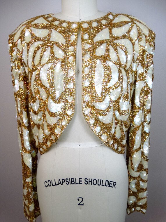 80s Couture Beaded Sequin Bolero Shrug // Iridesc… - image 2