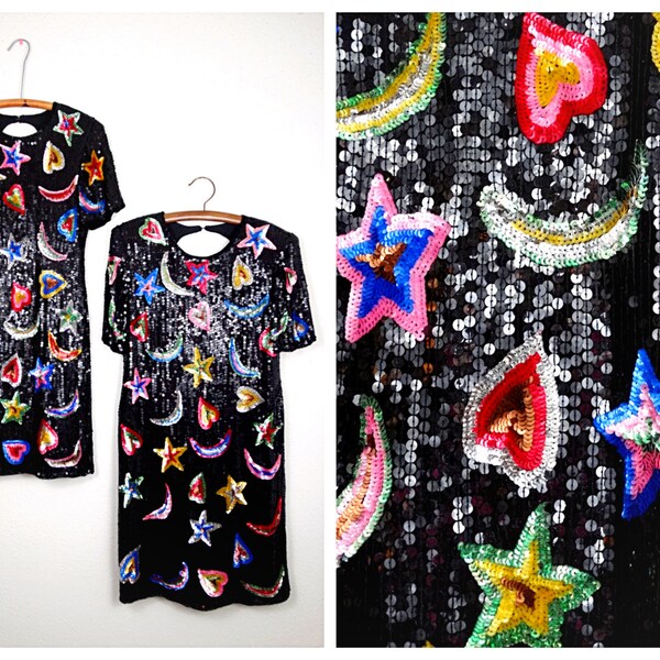 Lucky Charms Embellished Dress / Stars and Hearts Beaded Sequin Dress Small