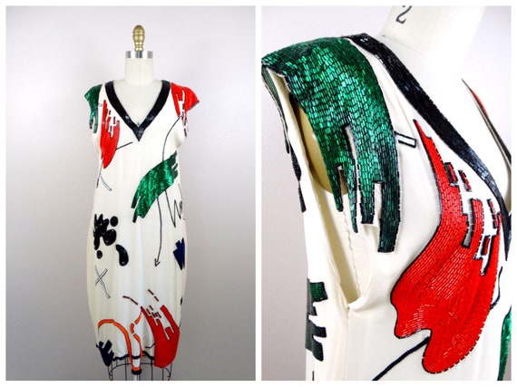 90s Abstract Art Beaded Silk Dress // Funky Hand … - image 1