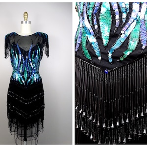 RARE Drop Bead Fringe Dress / Vintage Couture Sequin Embellished Dress / HEAVILY Beaded Glam Cocktail Party Dress