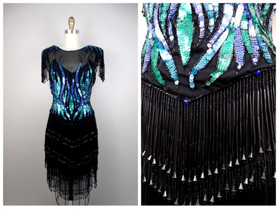 RARE Drop Bead Fringe Dress / Vintage Couture Seq… - image 1
