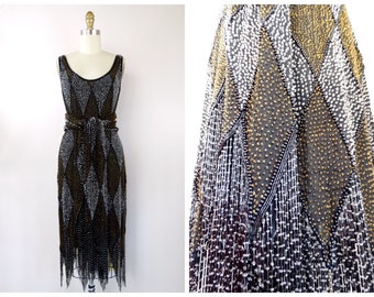 HEAVY Beaded Fringe Gatsby Dress / Gold & Silver Art Deco Dress / Silk Fully Embellished Harlequin Flapper w/ Fringed Scarf Belt Sash