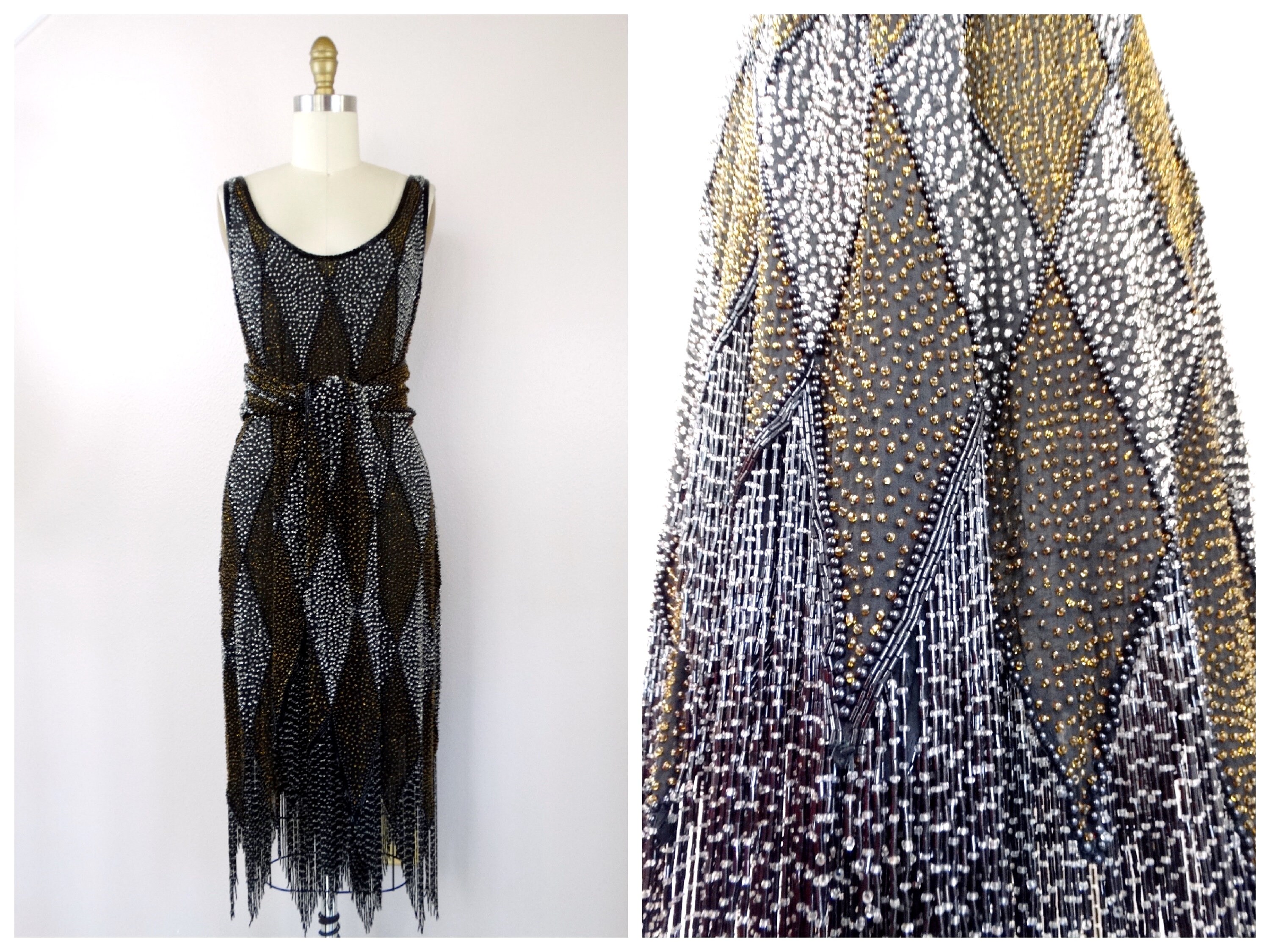 Heavy Beaded Fringe Dress/Gold & Silver Art Deco Silk Fully Embellished Harlequin Flapper with Fringed Scarf Belt Sash