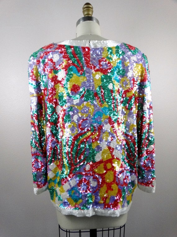 80s 90s Oleg Cassini Sequin Top / Red Yellow Whit… - image 3