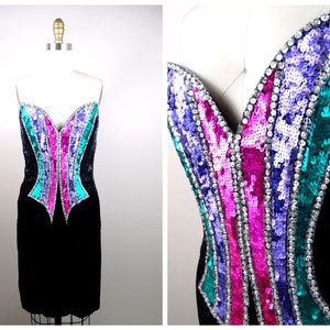 Bob Mackie Crystal Beaded Dress • Art Deco Designer Vintage Couture Sequin Rhinestone Embellished Strapless Bustier Mini Dress