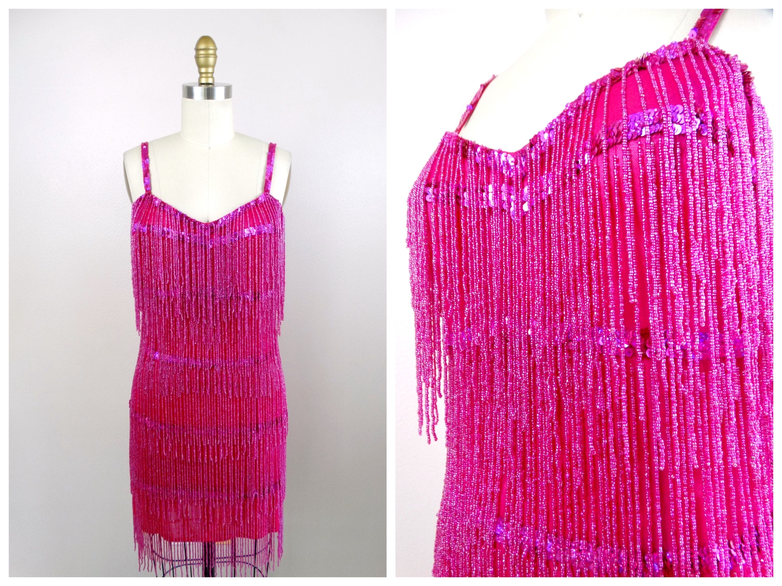 Bright Pink Fringe Beaded Dress / Fuchsia Fully Fringed Mini Dress - Etsy Bright Pink Fringe Beaded Dress / Fuchsia Fully Fringed Mini Dress - Etsy