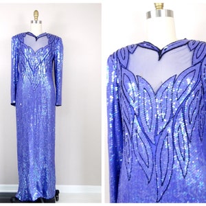 Judith Ann Creations Sequin Beaded Gown / Lavender Periwinkle Pastel Purple Silk Sequined Embellished Dress