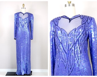 Judith Ann Creations Sequin Beaded Gown / Lavender Periwinkle Pastel Purple Silk Sequined Embellished Dress