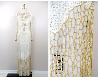 Vintage Art Deco Perlenkleid: Elfenbeinfarbene Seide, Goldblumen, Größe S