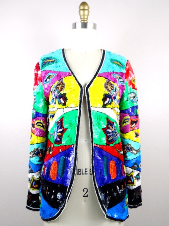 Neon Sequined Beaded Jacket / Color Block Sequin … - image 7