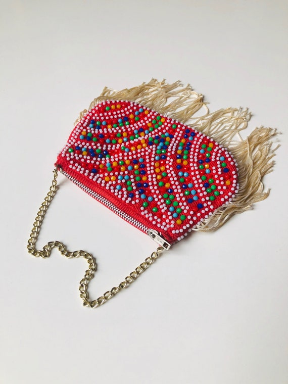80s Retro Fringe Beaded Handbag Rainbow Plastic Beaded Coin