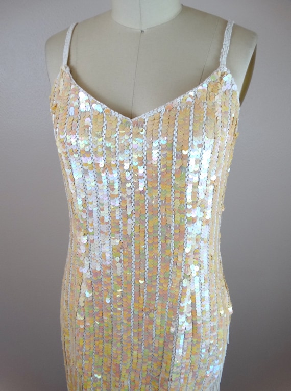 Iridescent Fringe Beaded Sequined Dress Ivory Sequined Dress White Fringed Beaded Dress